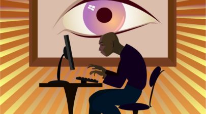 illustration man with big brother eye watching him use computer