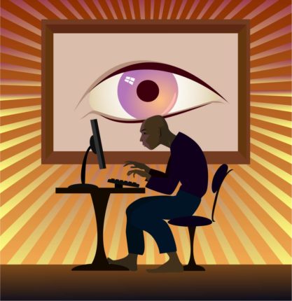 illustration man with big brother eye watching him use computer