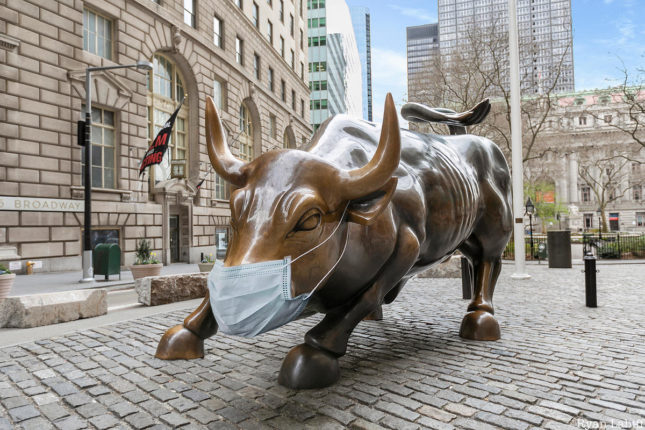 Wall Street Bull with Medical Mask Coronavirus NYC